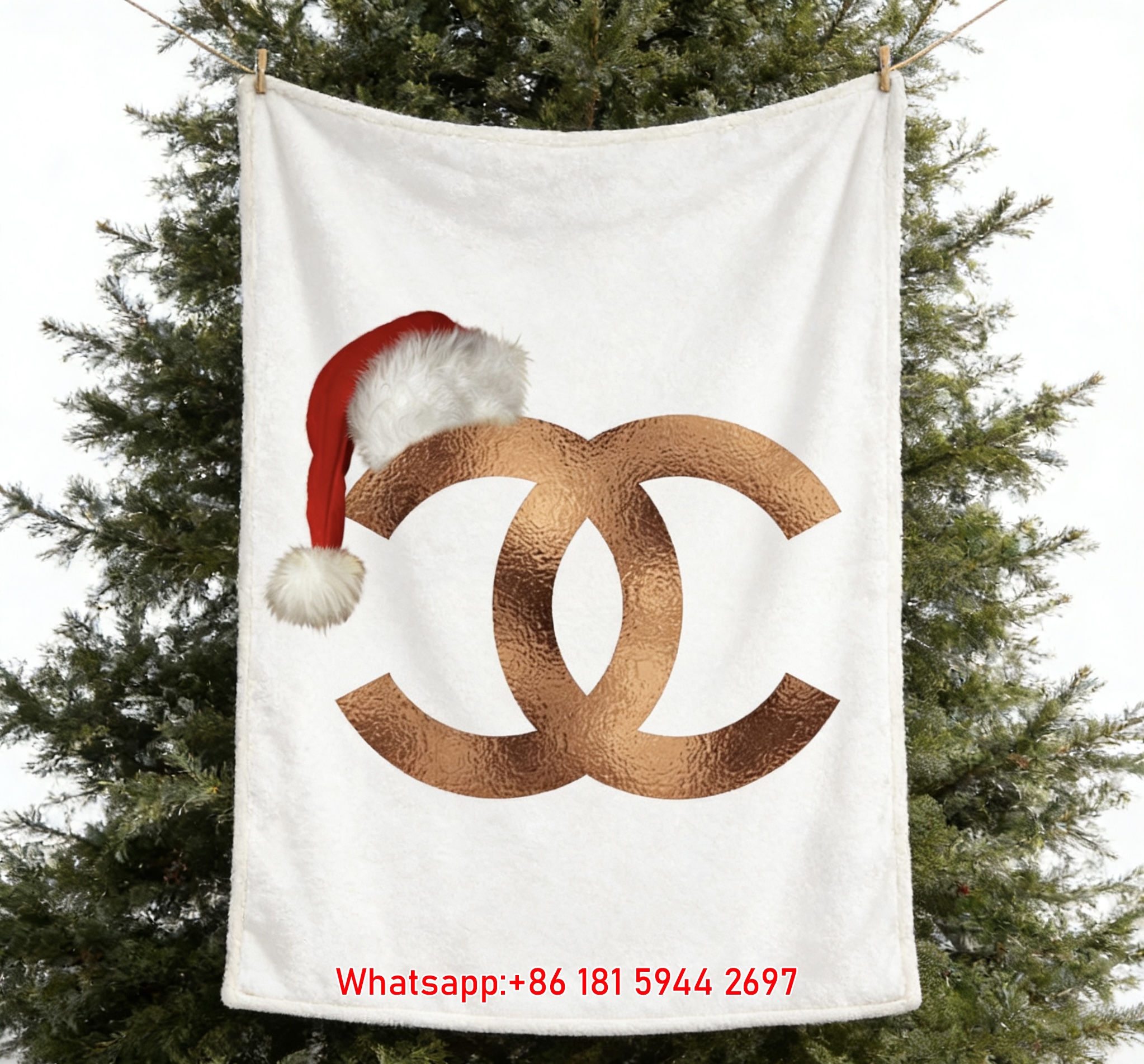 Christmas Copper Chanel Double C Logo Flannel Sofa Throw Blanket IMG_6966